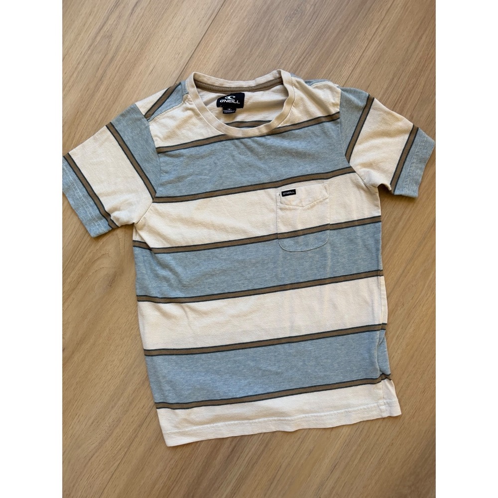 ONeill Boys Striped Short Sleeve Pocket Tee Blue Cream Brown Size M Medium